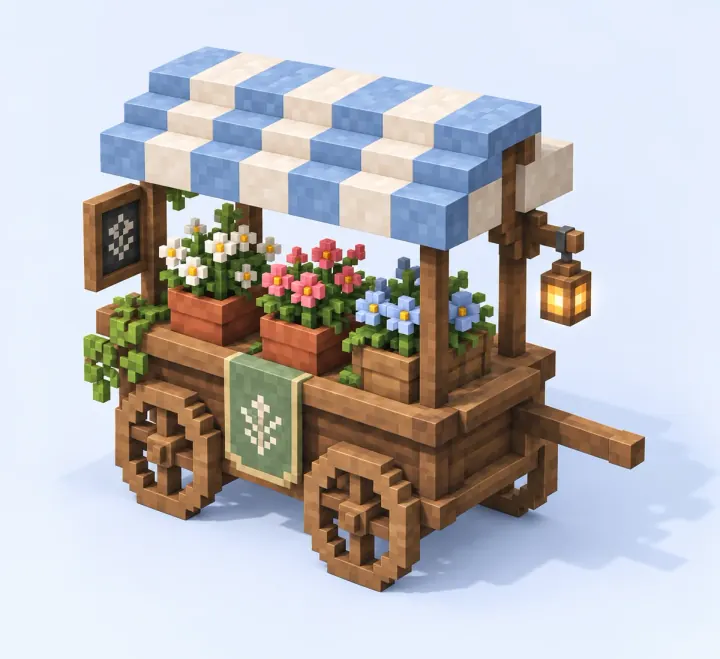 A block-style flower cart with a blue striped awning, flower pots and a brass lantern